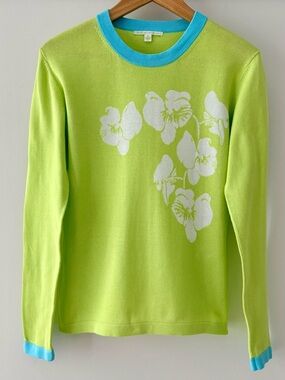 Banana Republic—Y2K Hibiscus Floral Lightweight Cotton Sweater, Green/Blue (Med)